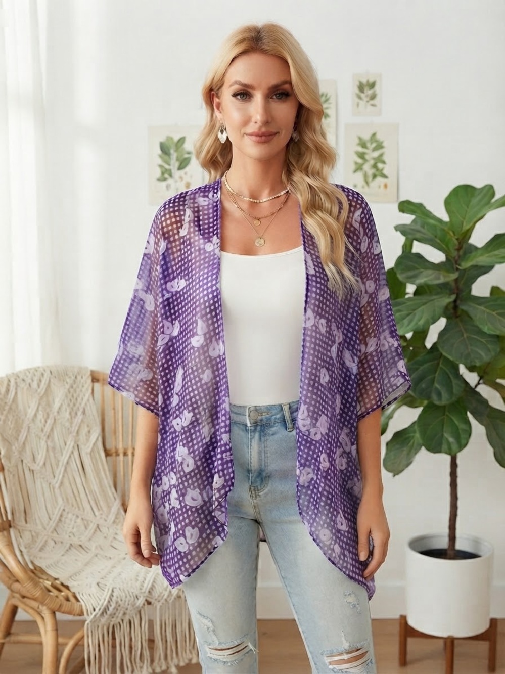 Raj Purple Sheer Floral Checkered Kimono Cardigan